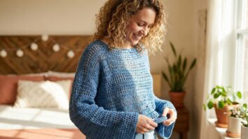 Mulher sorridente usando blusa de crochê artesanal em algodão azul em quarto decorado, estilo moderno e criativo