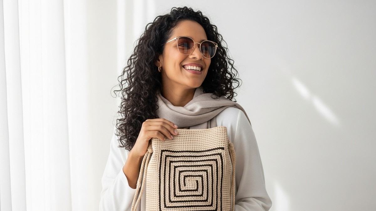 Mulher brasileira sorrindo com bolsa de crochê moderna em tom bege off-white e design min acompanhada de óculos e lenço neutro