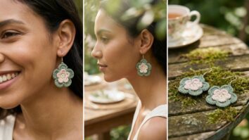 Mulher brasileira sorrindo usando brincos de crochê com formato de flor em algodão verde em ambiente de jardim