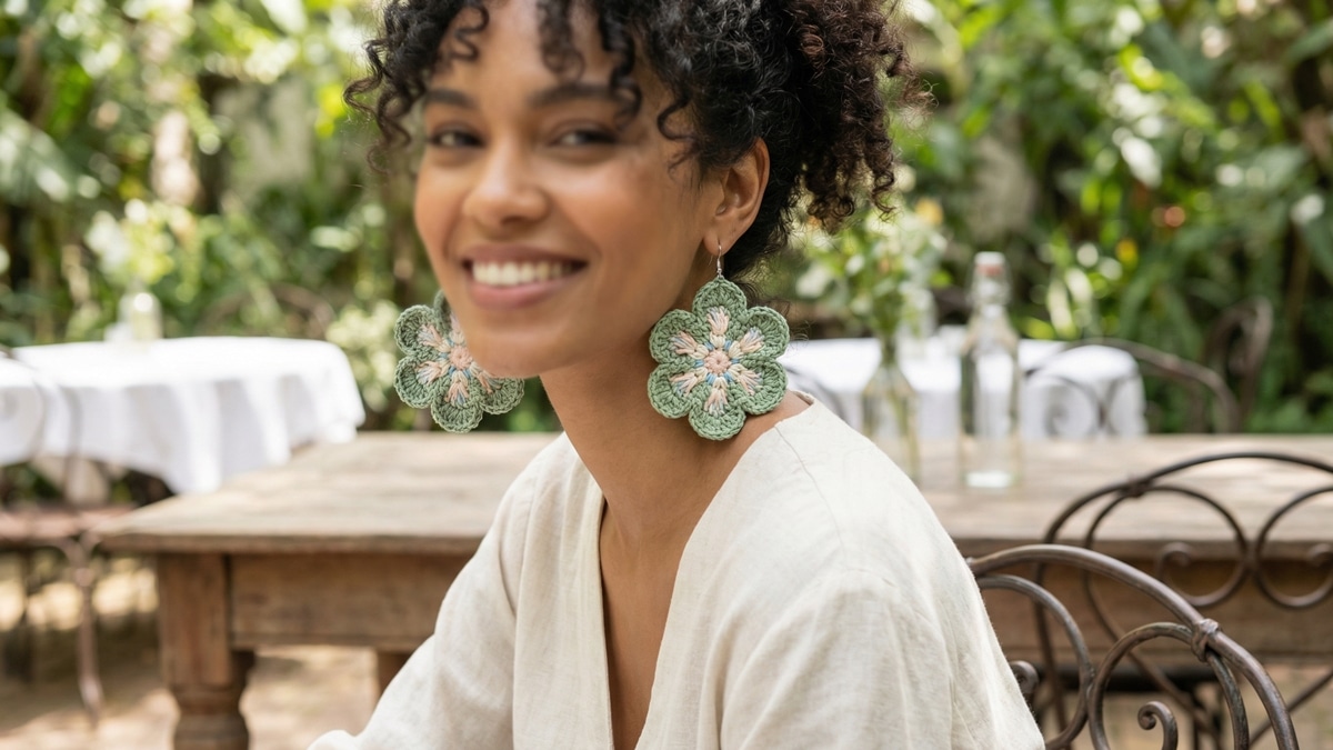 Mulher brasileira sorrindo usando brincos de crochê com formato de flor artesanal em algodão verde em ambiente de jardim