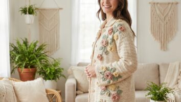 Mulher sorrindo usando casaco de crochê com aplicações florais artesanal finalizado em algodão cru em ambienteboho