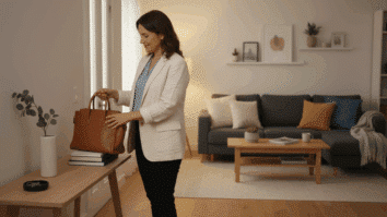 mulher chegando casa trabalho sala organizada