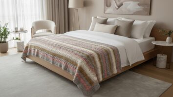 Peseira de crochê artesanal de luxo em algodão listrado na base de cama arrumada em tons neutros, quarto elegante estilo boutique