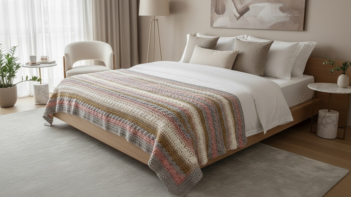 Peseira de crochê artesanal de luxo em algodão listrado na base de cama arrumada em tons neutros, quarto elegante estilo boutique