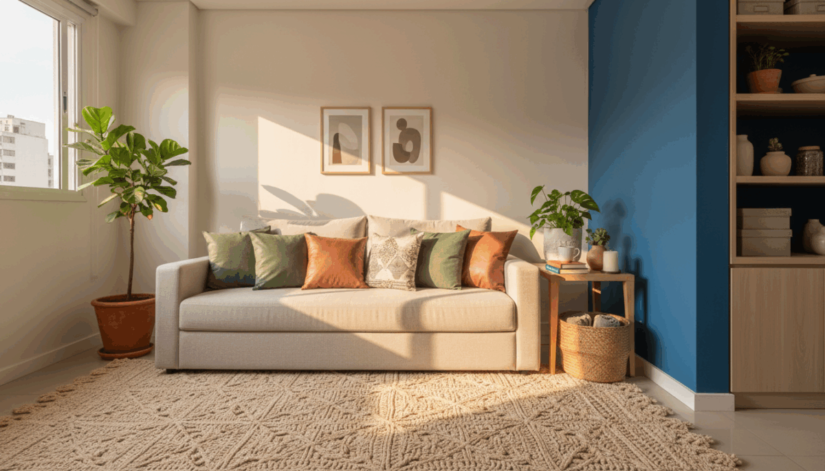 Sala de estar clara com sofá bege, almofadas verdes e terracota, parede de destaque azul e tapete de crochê grande, cheia de luz natural.