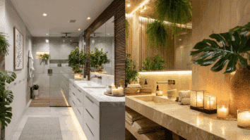 Banheiro transformado em um SPA natural, com plantas, luz quente e velas que criam um clima relaxante voltado para o bem-estar