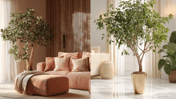 Duas imagens de decorações distintas de sala mostrando como fica a árvore da felicidade em complemento da decoração de ambientes internos