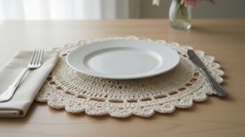 Mesa posta elegante com sousplat de crochê artesanal em algodão cru sob prato branco, sobre madeira clara com talheres e guardanapo neutro