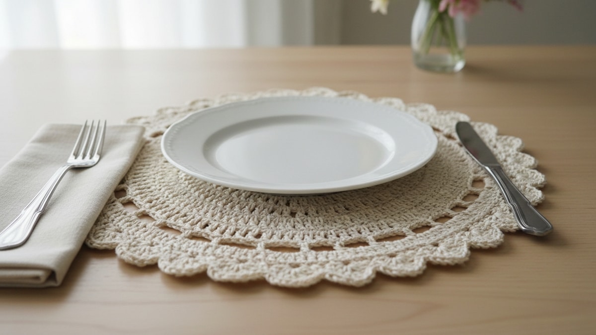 Mesa posta elegante com sousplat de crochê artesanal em algodão cru sob prato branco, sobre madeira clara com talheres e guardanapo neutro