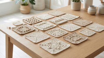 Vários squares de crochê artesanais em algodão cru organizados sobre mesa de madeira clara, estilo moderno Pinterest aesthetic