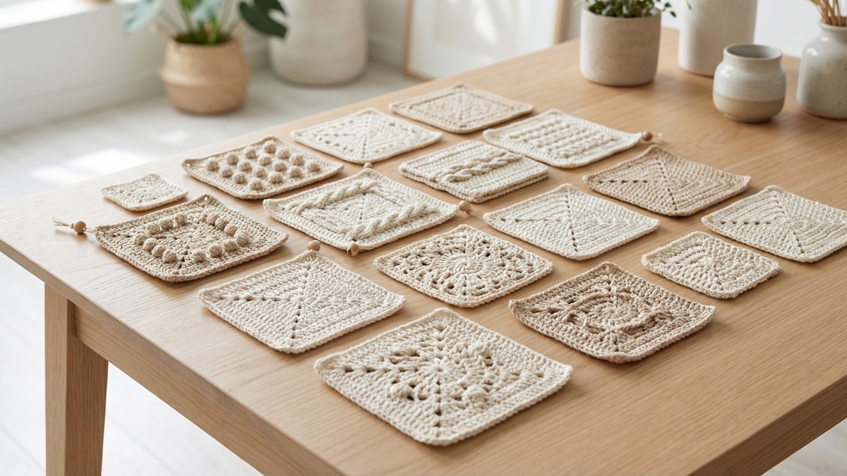 Vários squares de crochê artesanais em algodão cru organizados sobre mesa de madeira clara, estilo moderno Pinterest aesthetic