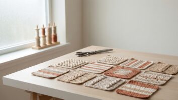 Ateliê minimalista com composição de squares de crochê artesanais em tons suaves de bege, cru e terracota sobre superfície de madeira clara, estilo boho contemporâneo