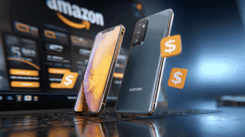 Celulares com etiqueta sinalziando descontos, e no fundo um notebook com o site da Amazon aberto na tela