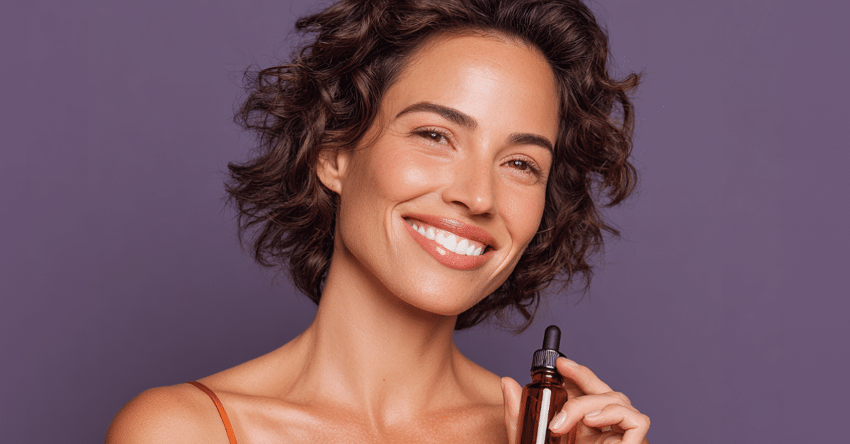 Mulher segurando produto para cuidados com a pele na mão