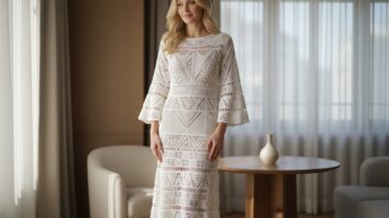 Mulher loira usando vestido de crochê artesanal em algodão branco com padrões geométricos modernos e textura de crochê bem definida, cenário elegante e carinhoso