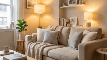 Fotografia profissional de sala de apartamento alugado decorado com texturas camadas, iluminação quente, tapetes sobrepostos, mantas, plantas e elementos reversíveis, ambiente acolhedor e moderno