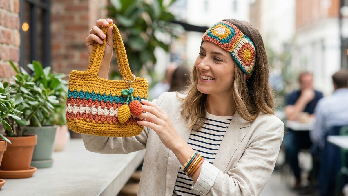 Mulher sorrindo usando acessórios de crochê moderno colorido em ambiente urbano clean