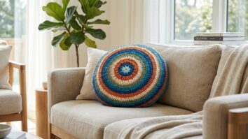 Almofada redonda de crochê estilo mandala colorida sobre sofá neutro em sala contemporânea