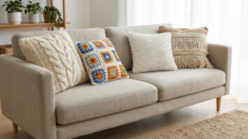 Conjunto de almofadas de crochê com mix de texturas, granny square e franjas sobre sofá em sala aconchegante.