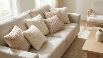 Almofadas de crochê em tons bege e off-white sobre sofá neutro em sala de estar contemporânea minimalista