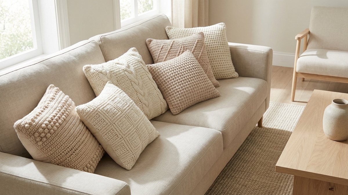 Almofadas de crochê em tons bege e off-white sobre sofá neutro em sala de estar contemporânea minimalista