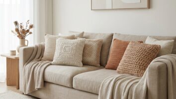 Sala de estar com sofá de linho decorado com almofadas de crochê em tons naturais, estilo boho-chic