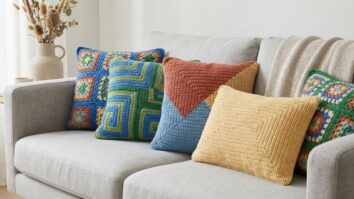 Almofadas de crochê coloridas dispostas sobre sofá neutro em sala de estar contemporânea