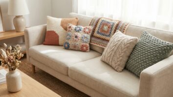 Sofá claro com almofadas de crochê em cores e estilos variados em aconchegante