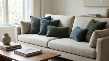 Sala moderna com almofadas de crochê luxo em tons frios sobre sofá neutro