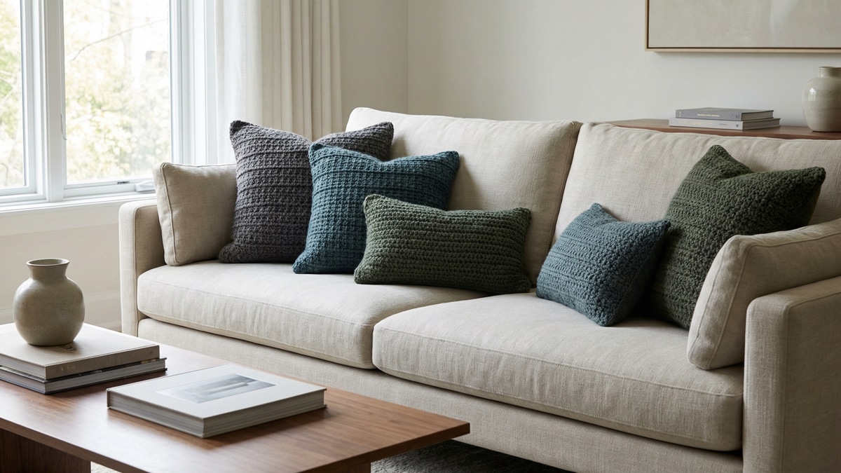 Sala moderna com almofadas de crochê luxo em tons frios sobre sofá neutro