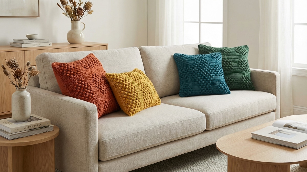 Sala de estar com almofadas decorativas em crochê colorido sobre sofá neutro