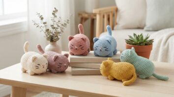 Amigurumis de gatos sobre mesa de madeira com decoração suave