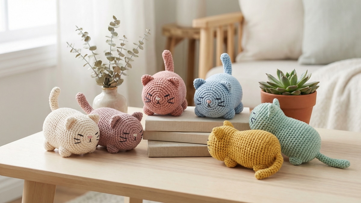 Amigurumis de gatos sobre mesa de madeira com decoração suave