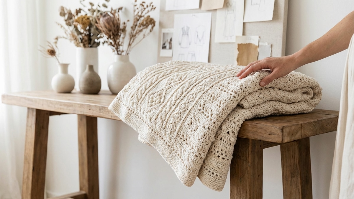 Amostra têxtil de crochê com variedade de pontos e texturas em tom neutro