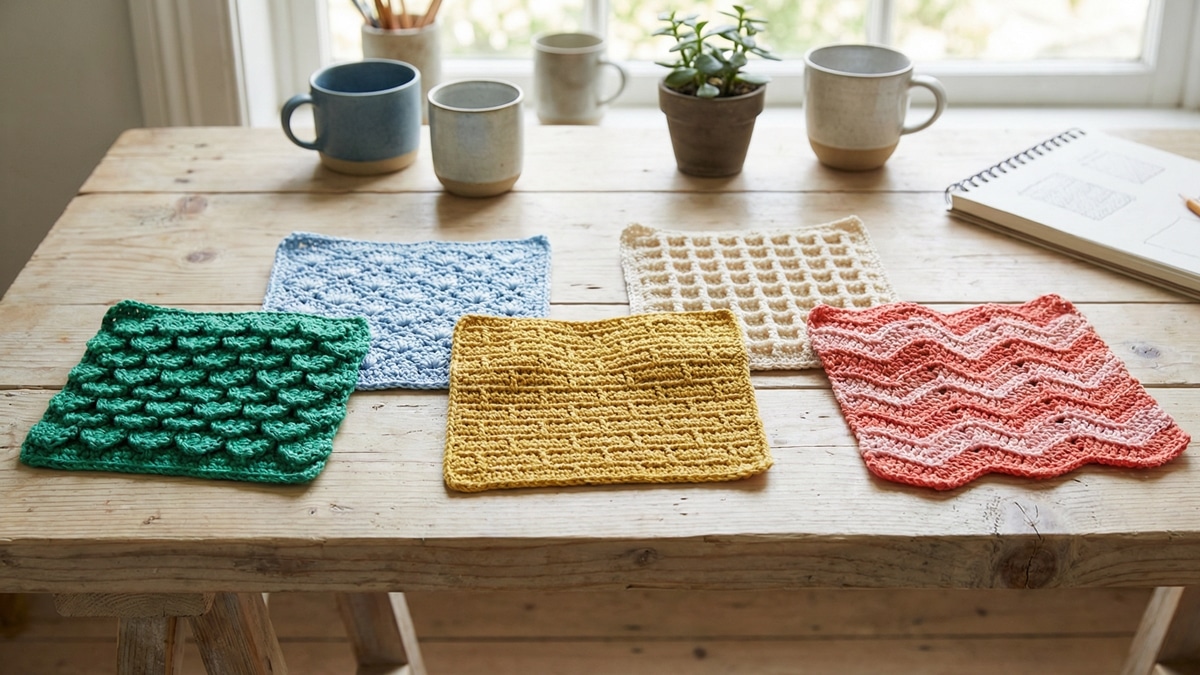 Composição de amostras de pontos de crochê finalizados em fio de algodão colorido sobre madeira clara: ponto escama, leque rendado, tijolinho, waffle e chevron em ondas delicadas.