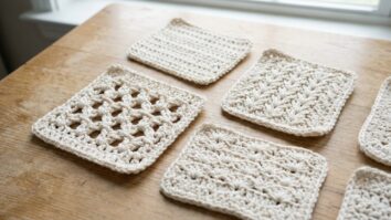 Amostras de pontos de crochê variados em fio cru sobre superfície de madeira clara, destacando texturas diferentes.