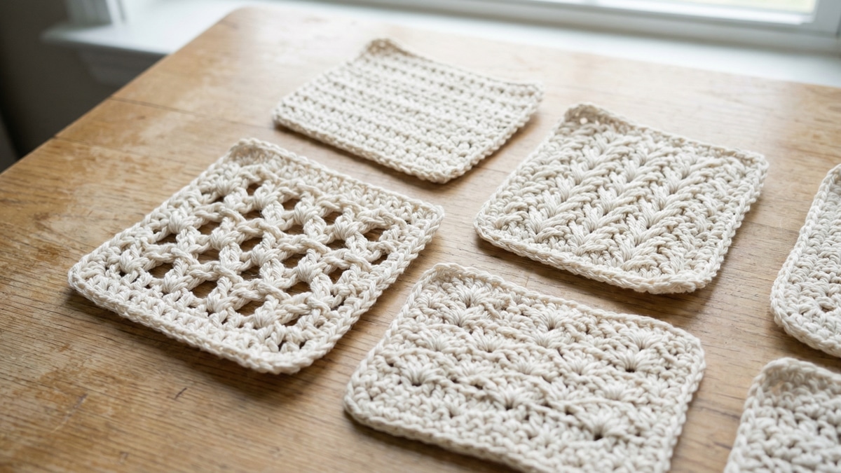 Amostras de pontos de crochê variados em fio cru sobre superfície de madeira clara, destacando texturas diferentes.