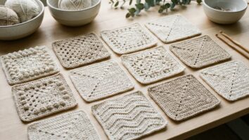 Amostras de pontos de crochê em tons neutros organizadas sobre superfície de madeira clara