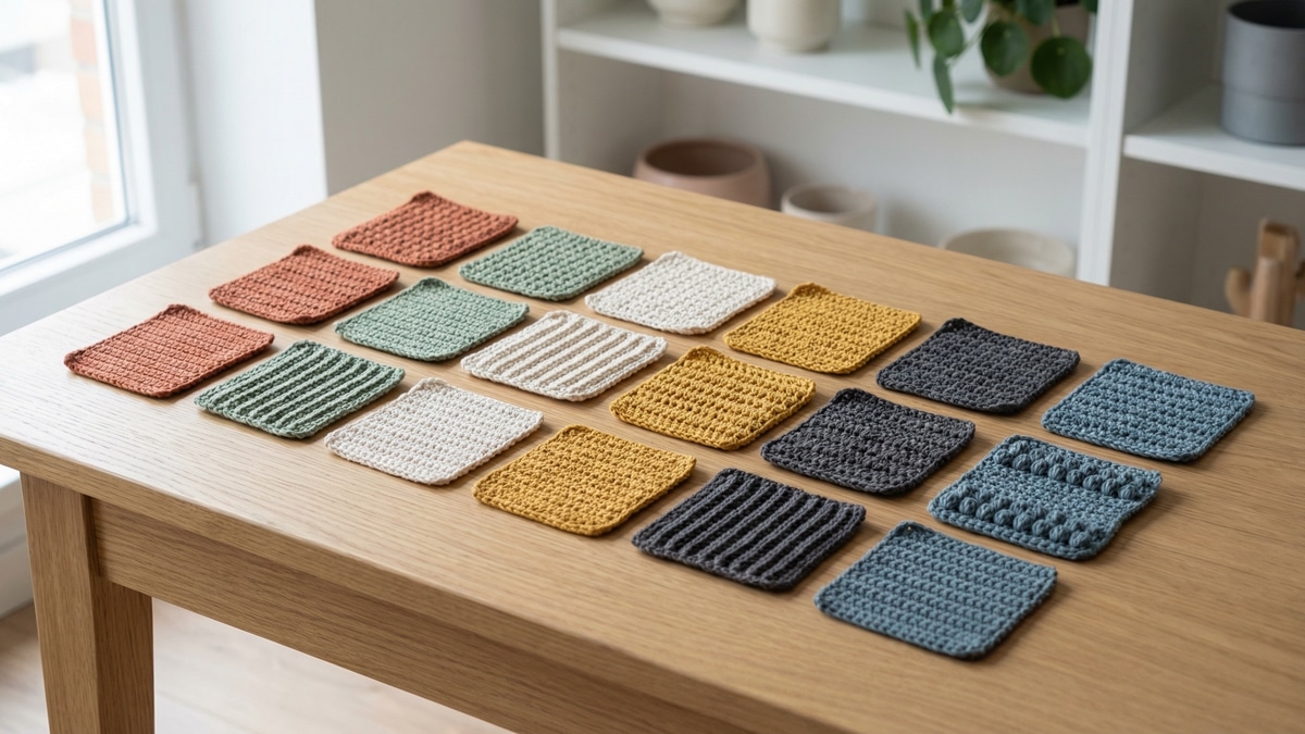 Amostras de pontos de crochê em cores variadas organizadas sobre madeira clara mostrando diferentes texturas