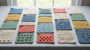 Amostras de diferentes pontos de crochê coloridos organizados sobre superfície clara