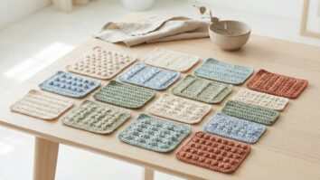 Amostras de pontos de crochê em cores variadas organizadas sobre superfície de madeira clara