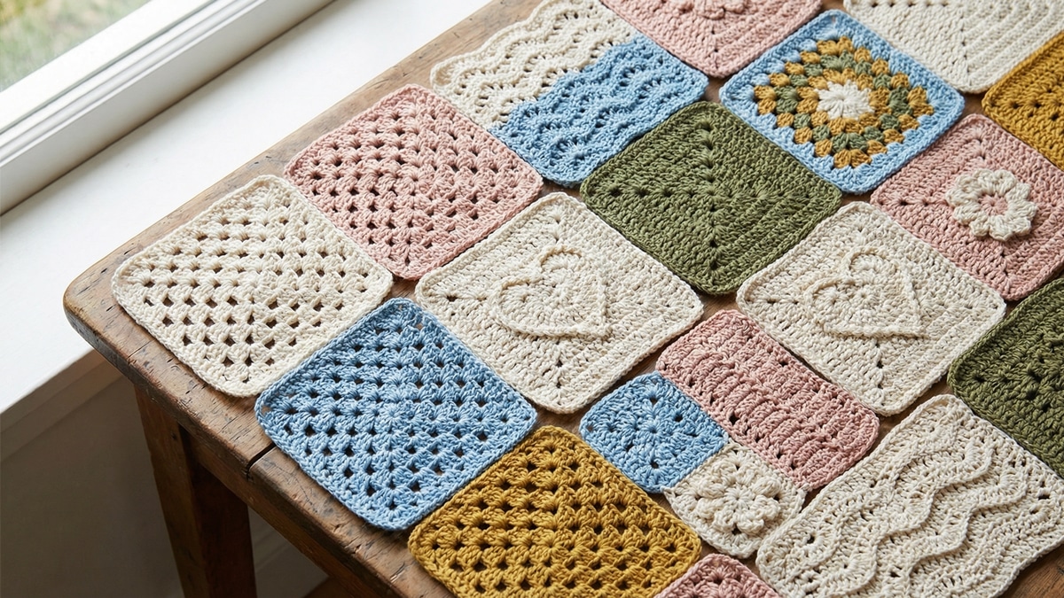 Amostras de pontos de crochê em cores e texturas variadas sobre mesa de madeira