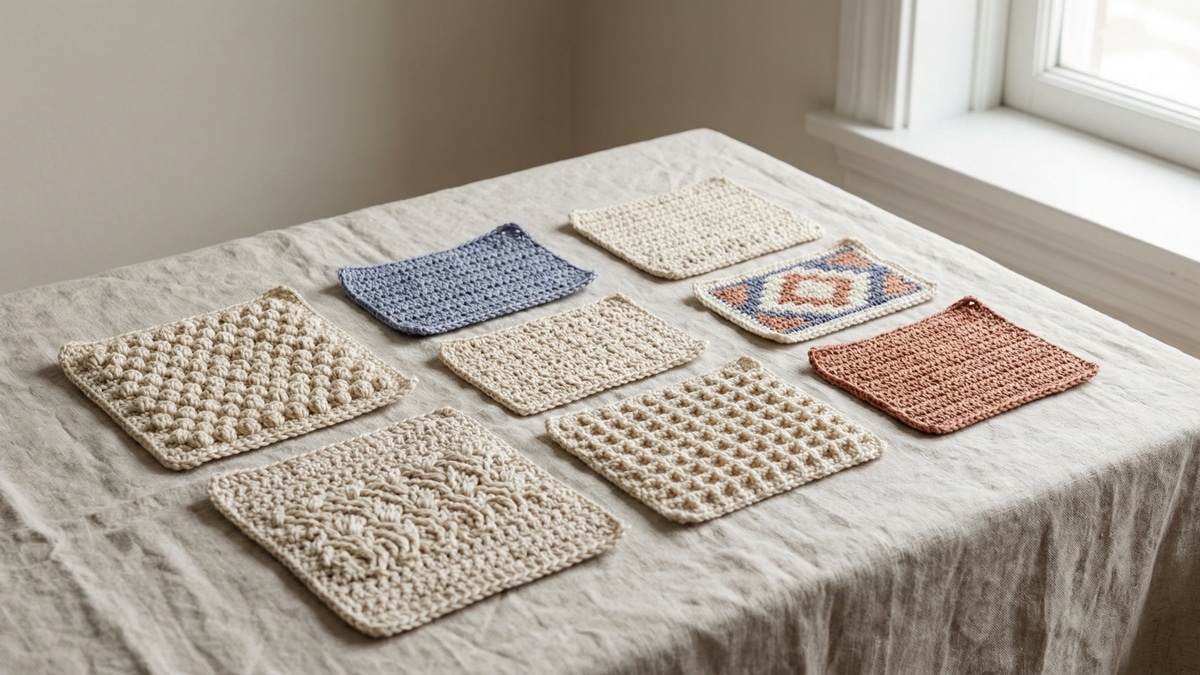 Amostras de pontos de crochê finalizadas com texturas variadas dispostas sobre tecido de linho cru.