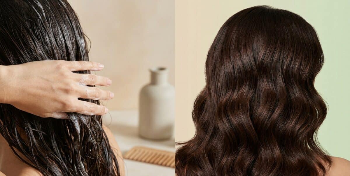 Aplicação e resultado de shampoo para hidratação, acalmar o couro cabelo e escurecer fios