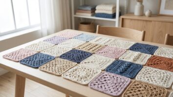 Squares crochê em cores variadas dispostos sobre mesa de madeira clara em ateliê