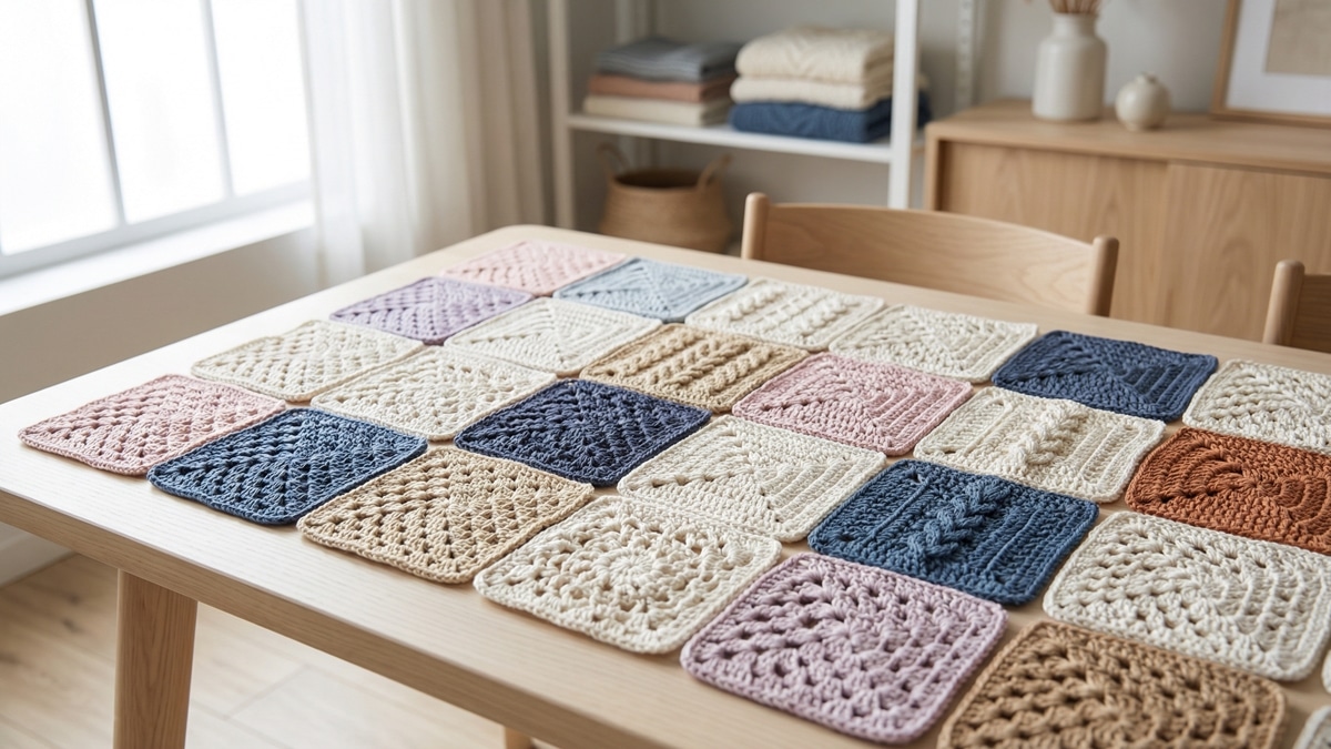 Squares crochê em cores variadas dispostos sobre mesa de madeira clara em ateliê