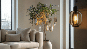 Imagem conceitual mostra uma sala com uma árvore em vaso cujos “frutos” são notas de dinheiro, simbolizando prosperidade, abundância e atração financeira para 2026