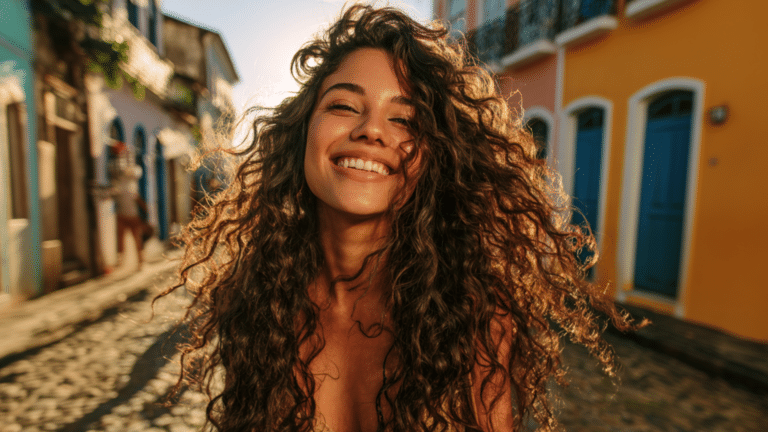 Mulher com cabelos cacheados foto do site Katia Ribeiro