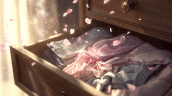 Pétalas de flores flutuando pelo ar que sai da gaveta de um guarda-roupa, como representação de uma gaveta que exala um ar agradável