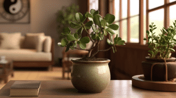 Planta Jade, que segundo o Feng Shui atrai boa sorte e prosperidade, em um vaso, em cima de uma mesa, complementando a decoração